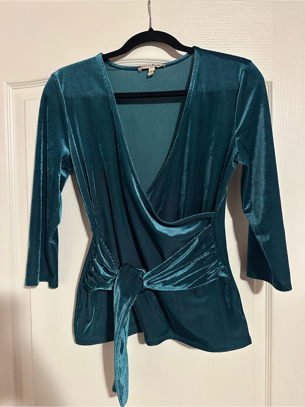 Express One Eleven Teal Ribbed Velvet Wrap Shirt